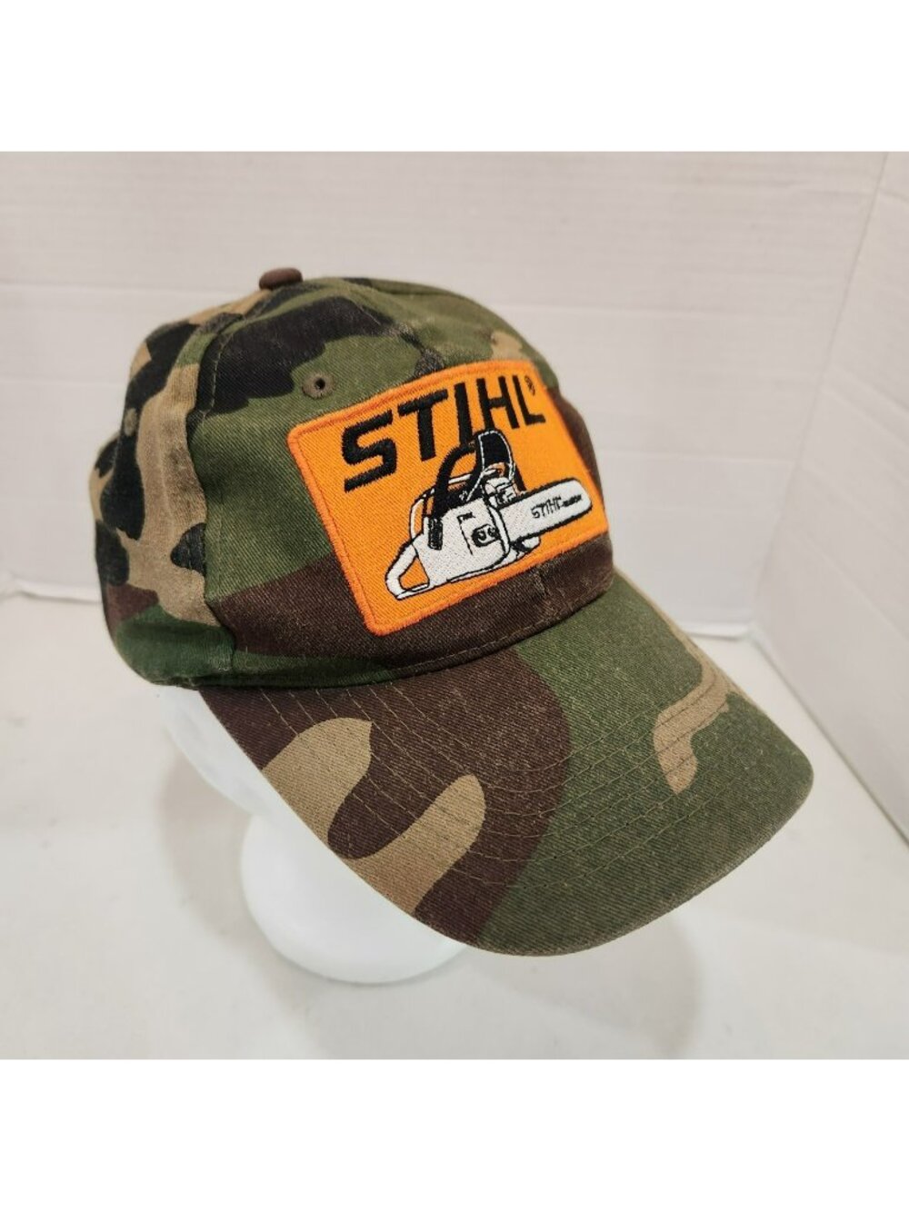 Vintage STIHL Chainsaw Camo Truckers Hat Adjustable Strap Embroidered Patch